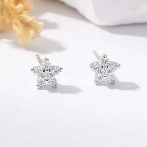 Macro view of star-shaped silver earrings with micro-paved cubic zirconia and silver pin