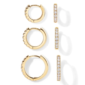 Detailed set of three gold hoop earrings with cubic zirconia in various sizes