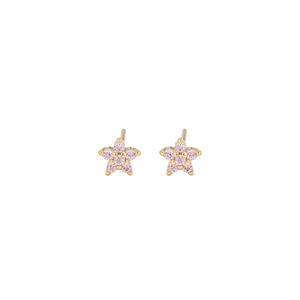 Detailed macro view of pink zircon star-shaped stud earrings with gold plating