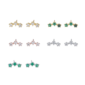 Three-stone curved zircon stud earrings in gold, silver and rose gold finishes