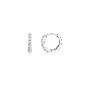 Macro detail of S925 sterling silver hoop earrings with sparkling zircon gemstones