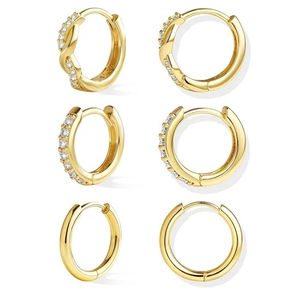 Three pairs of gold-plated S925 silver hoop earrings with zircon stones on white background