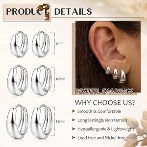 Polished silver teardrop hoop earrings set in 8mm 10mm 12mm sizes for women