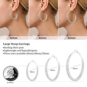 Three-piece set of silver woven hoop earrings in sizes 30mm, 40mm, and 50mm for women