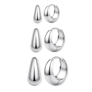 Polished silver metal hoop and drop earring set in three sizes for a modern look