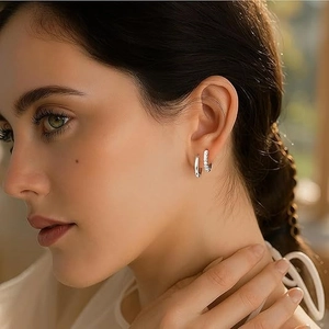 S925 silver hoop earrings set with minimalist polished and pavé cubic zirconia design