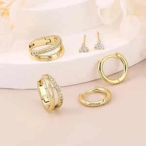 Exquisite S925 silver golden clover stud earrings and zircon hoops set for women