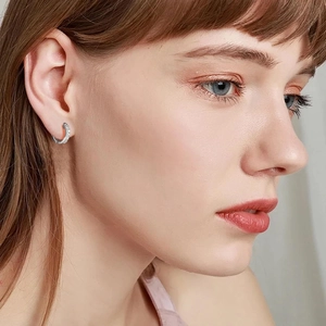 Close-up of 14K gold-plated hoop earrings with micro-pave crystals on female model