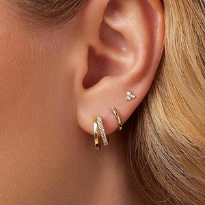 Exquisite gold S925 silver stud earrings with zircon flower for multiple piercings