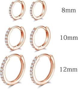 Tres pares de pendientes de aro en plata de ley S925 oro rosa, tallas 8mm, 10mm y 12mm