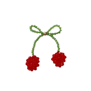 Handmade beaded cherry hair clip with red crystals, green leaves, and golden bow accent