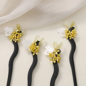 Set of 4 handmade wooden hair sticks with rabbit, yellow flowers and green leaves