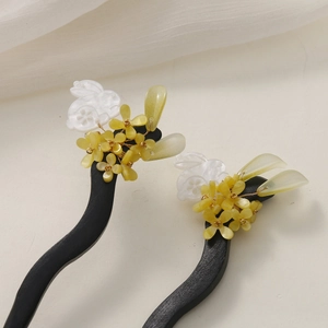 Handcrafted wooden hair pin set with yellow flowers and white rabbit in Chinese style