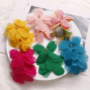 Handmade Tulle Mesh Fabric Flower Pendants With Glass Beads Alloy Ring Colorful Puff Flower Charms For DIY Jewelry Making