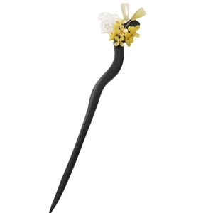 Handcrafted wooden hair stick with yellow flowers and white petals for Hanfu styling