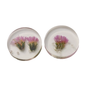 Handmade transparent resin earrings with pink dried flowers and white pearls