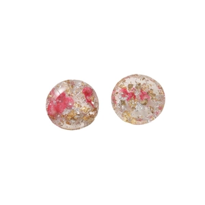 Handmade clear resin round studs with pink dried flowers and gold silver foil flakes