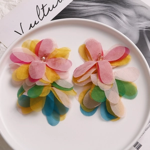 Handmade multilayered colorful mesh flower long earrings with crystal bead accents