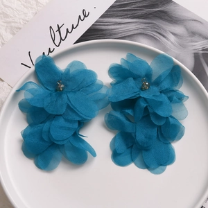 Handmade peacock blue mesh puff flower earrings with delicate metal ring and bead