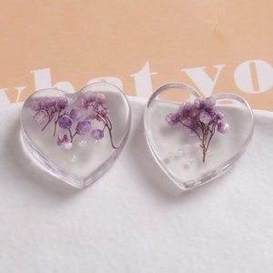 Clear heart resin charms with purple dried flowers and white pearls for DIY jewelry