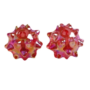 Pair of iridescent pink-orange AB plated hollow sea urchin beads for DIY jewelry making