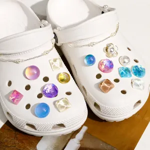 Glitter Resin Shoe Charms Set With Artificial Pearl Chain Asymmetric Geometric Shoe Buckles For Clogs Women Fashion DIY Accessories
