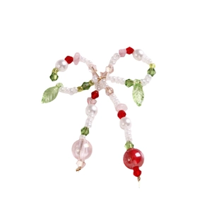 Handmade bow pendant with faux pearls and green leaves for DIY jewelry making