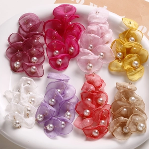 Handmade Mesh Petal Flower Pendant With Imitation Artificial Pearl DIY Earring Hair Accessory Jewelry Making Supplies Long Tassel Decor