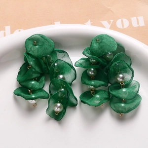 Handmade dark green organza flower earrings with pearls and gold metal rings