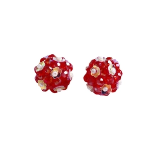 Handmade red beaded sphere earrings with iridescent white flowers for summer dopamine style