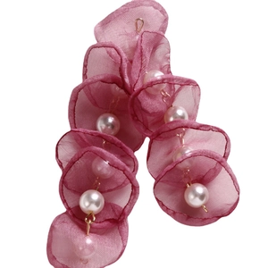 Pink sheer organza petal earrings with white pearls and gold metal accents for women