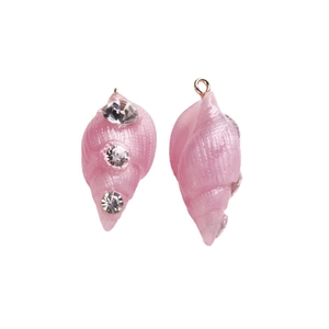 Pink resin seashell charms with crystal rhinestones and metal loop for DIY jewelry