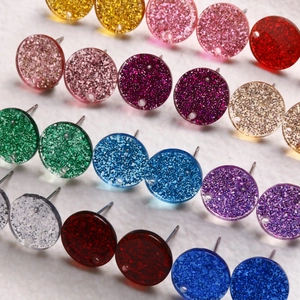 Colorful resin round earrings with glitter foil flakes and silver metal pins for DIY