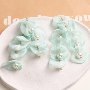 Handmade mint green tulle petal earrings with white pearls and gold metal fringe charms
