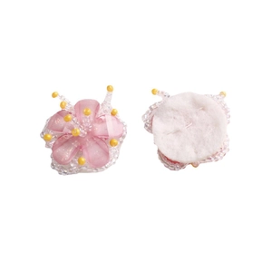 Handmade woven pink glass bead flower charm with white felt backing for DIY jewelry making