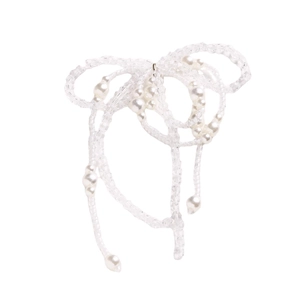 Handmade pearl and crystal bow hair accessory with beaded fringe for elegant styling