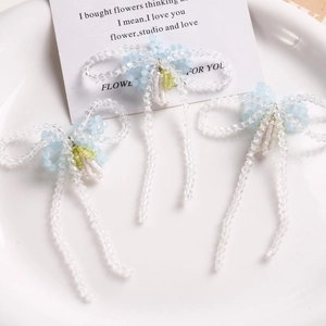 Handwoven Glass Bead Flower Bow Pendant Long Tassel Clear Blue Beaded DIY Jewelry Accessory Component For Earring Hairpin