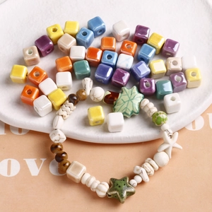 Colorful 9mm square ceramic beads with star and leaf shapes for DIY jewelry making