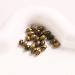 Macro detail of 6mm oval natural stone beads with holes for DIY jewelry crafting