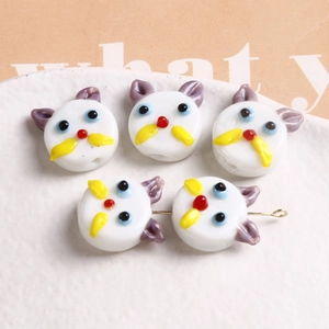 Handmade white ceramic cat beads with purple ears for DIY jewelry and crafts