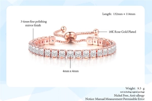 Detailed macro view of 4mm square cubic zirconia and 18K rose gold plated tennis bracelet