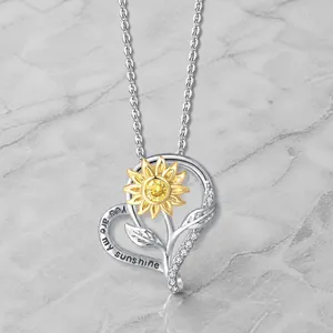 Koperen Zonnebloem Hart Halsketting Zirkonia Tweekleurig Goud Zilver Verguld You Are My Sunshine Hanger Mode Sieraden Vrouwen