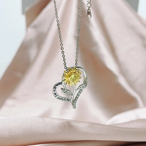 Collier En Cuivre Pendentif Cœur Tournesol Zircone Bicolore Or Argent You Are My Sunshine Gravure Bijoux Mode Pour Femmes