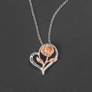 Bicolor Herz-Rosen-Halskette mit I love you forever Gravur und weißen Zirkonia-Steinen