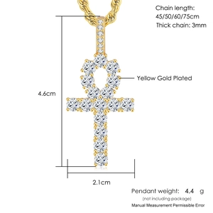 Technische diagram van 18K vergulde Ankh-hanger met afmetingen en gewichtsinformatie
