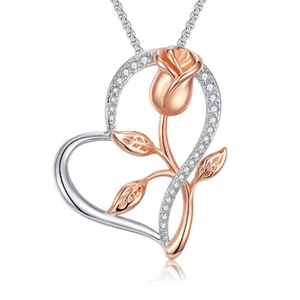 Herz-Halskette in Silber mit roségoldener Blume und funkelnden Zirkonia-Kristallen