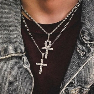 Hip Hop Iced Out Kruis Hanger Halsketting Voor Heren Dames Koper Zirconia Ingelegd Ankh Latijns Kruis Touwketting Sieraden Cadeau