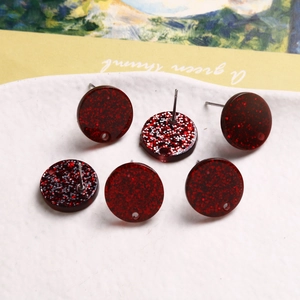 Set of six dark red round acrylic earring studs with glitter finish and small hole