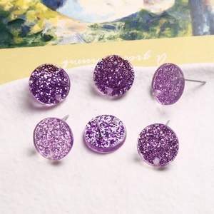 Sparkly purple glitter acrylic round stud earrings with silver pins for DIY jewelry