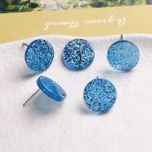 Blue glitter round acrylic handmade stud earrings with silver metal posts set